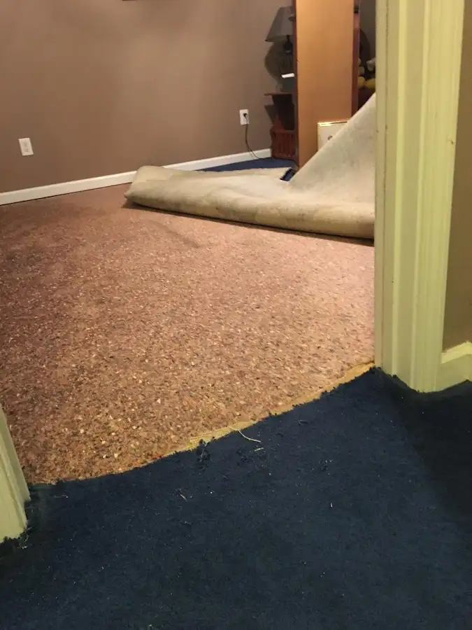 Carpet pad removal revealing water damage during Water Mitigation Services in Greene